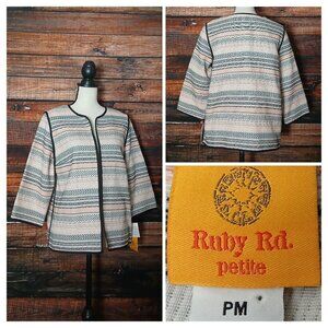 NWT Ruby Rd Jacket PM Medium Petite Open Front Woven Tapestry Aztec 3/4 Sleeve